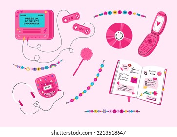 Y2K elements set. Disk, cd-player, retro console, burn book, Flip Phone, Bracelets from plastic beads, notebook and fluffy pen. Flat vector illustration isolated on white background