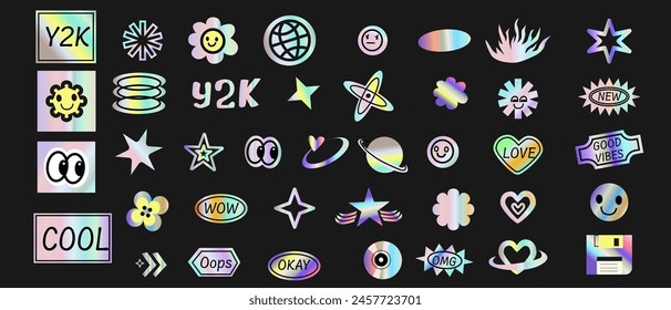 Y2k elements set with gradient, 2000s holographic stickers in retro 00s style. Can use for vector futuristic banner, poster, greeting card. Abstract aesthetic y2k set, silver shapes with quotes