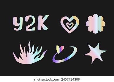Y2k elements set with gradient, 2000s holographic stickers in retro 00s style. Can use for vector futuristic banner, poster, greeting card. Abstract aesthetic y2k set, silver shapes with quotes