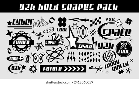 Y2K Elements Set. Y2k icon. Retro Futurist modern shapes for Posters Template, flyers, clothes, social media, graphic design, sticker. Futuristic, Anti-design, techno, future. Vector illustration