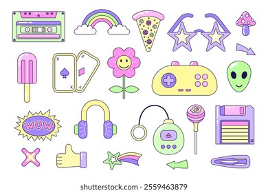 y2k elements set. Multicolored elements on white background. Retro illustration with outline in 90s style. Isolated vector illustration.