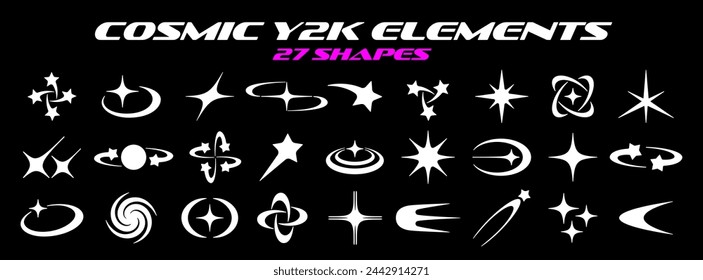 Y2K elements set, retro futuristic cosmic abstract shapes of stars, planets, galaxies, sparkles, comets. Vector object collection from the 2000s