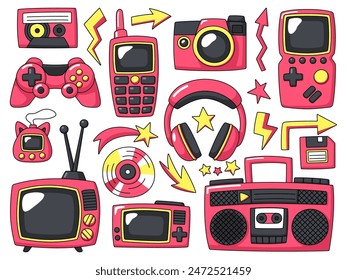 Y2k elements set retro tech. Collection on bright cartoon 90s gadgets tv, radio, mobile phone, consol game and other technology.