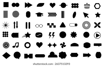 Y2k elements. Y2k vector set. Big vector set of brutalist geometric shapes. Trendy abstract minimalist figures, stars, Flowers, circles. Vector illustration  . EPS 10 .