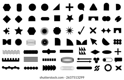 Y2k elements. Y2k vector set. Big vector set of brutalist geometric shapes. Trendy abstract minimalist figures, stars, Flowers, circles. Vector illustration  . EPS 10 .