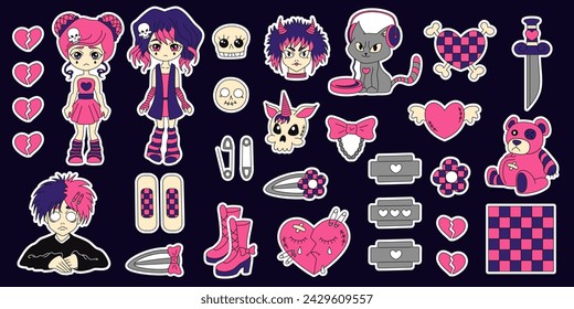 Y2k emo negro conjunto de pegatinas rosas. Chica, niño, oso kawaii, corazón, tatuaje y otros elementos en el estilo de moda emo goth 2000. Vector dibujado a mano. 90s, 00s estética