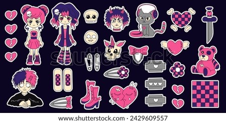 Y2k emo black pink stickers set. Girl, boy, kawaii bear, heart, tattoo and other elements in trendy emo goth 2000s style. Vector hand drawn. 90s, 00s aesthetic