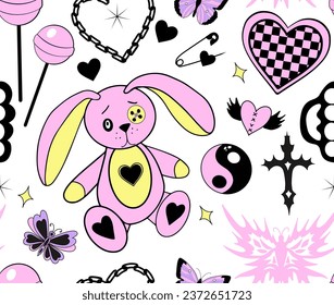 Premium Vector  Set of trending emo stickers of hearts of the 2000s in  black and acid pink colors hearts with skulls with wings heart made of  fingers broken heart with pins