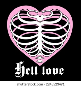 Y2k emo goth aesthetic print with heart shaped ribs and slogan: hell love. Vintage pink graphic isolated on black. Glam graphic Vector icon. Glamour gothic weird 2000s style.