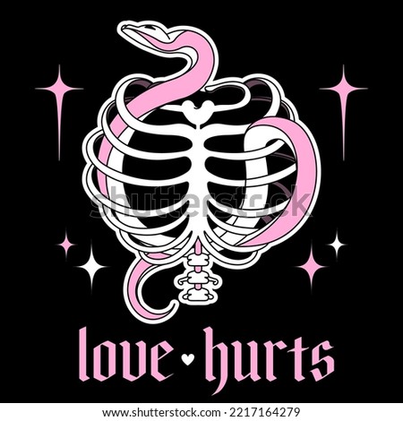 Y2k emo goth aesthetic print with skeleton and slogan: love hurts. Vintage pink sticker isolated on black. Graphic Vector icon. Weird 2000s style.