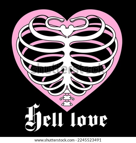Y2k emo goth aesthetic print with heart shaped ribs and slogan: hell love. Vintage pink graphic isolated on black. Glam graphic Vector icon. Glamour gothic weird 2000s style.