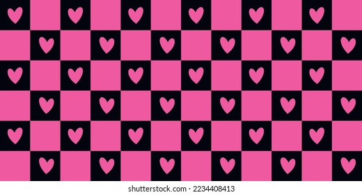 Y2k Emo and Goth checkered seamless patterns with hearts. 2000s black and pink background. Retro 90s, 00s aesthetic