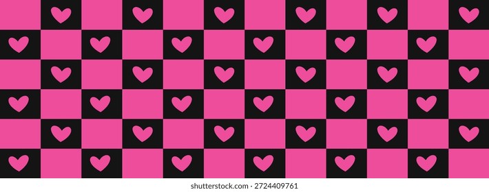Y2k Emo e Goth checkered padrões sem emenda com corações. 2000s fundo preto e rosa. Retro 90s, 00s estética