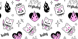 Y2k Emo Goth Semless Pattern. Kawaii Teddy Kat With Flame Heart. Tattoo Art Kitten Toy With Knife And Fire In Gothic Y2k 2000s Style. Vector Pink And Black Emo Toy Background For Print Fabric Design