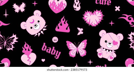 Y2k Emo Goth semless pattern. Kawaii Pink teddy bear with flame heart. Tattoo art teddy bear toy, butterfly, flame, fire in gothic y2k 2000s style. Vector pink and black design