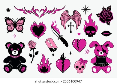  Y2k emo gothic style elements art in 1990s, 2000s style. Vector graphics.