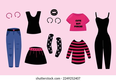 Y2k emo gothic style girl clothes set. Emo vintage clothing collection. T-shirt, jeans, gloves, skirt, sweater, suit.