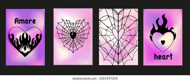 y2k emo poster fire, spider web hearts. Vector illustration