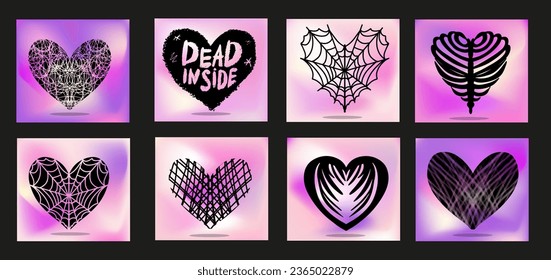 y2k emo poster spider web hearts. Dead inside for t-shirts. Vector illustration.