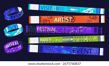 Y2k event party bracelet design. Retro modern pass ticket set for nightclubs entrance access. Colourful festival wristband prints pack, entry ribbons for visitors and artists. Vector illustration.