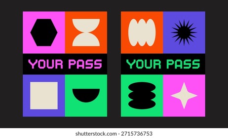 Pase de eventos Y2K con líneas dinámicas, símbolos geométricos y colores futuristas brillantes. Concepto de boleto digital retro moderno.