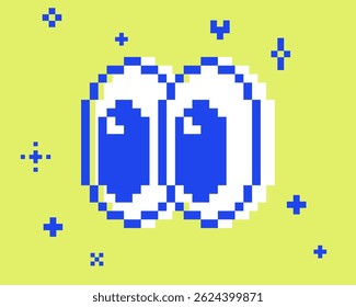 Y2k eye icon in pixel art. Smile big eyes look away. Eyeball. Shocking stare emoji. Retro sticker. Game abstract element. Bold and groovy geometric shape for collage sticker, poster. Mood of 90s