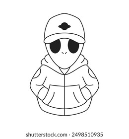 Y2k fashion alien futuristic UFO street style contemporary pop art outline icon vector flat illustration. Science fiction humanoid portrait in cap and hoodie psychedelic comic monochrome t shirt print