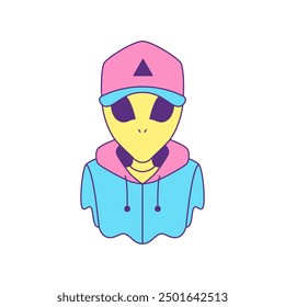 Y2k fashion alien street style teenager in cap and hoodie pop art icon vector flat illustration. Psychedelic UFO humanoid portrait in stylish trendy outfit surreal contemporary artwork t shirt print