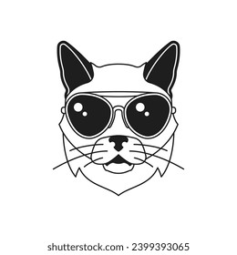 Y2k fashion cat in sunglasses portrait comic psychedelic monochrome line retro groovy icon vector illustration. Trendy feline pet domestic animal head in summer eyeglasses sticker for t shirt print