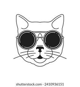 Y2k fashion cat in sunglasses portrait vogue monochrome line retro groovy icon vector illustration. Trendy feline pet domestic animal head in summer eyeglasses comic funky minimal sticker