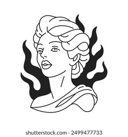 Cabeza de la estatua de la diosa griega de la moda Y2k con la ilustración plana negra del Vector del icono del contorno del tatuaje de la llama de la quemadura. Belleza antigua cara femenina monumento de yeso monocromo arte pop contemporáneo camiseta impresión