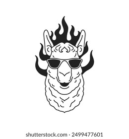 Y2k lama de moda en gafas de sol con llama ardiente ilustración plana de Vector de contorno de tatuaje de arte negro. Animal con estilo en gafas de verano psicodélicas ilustraciones contemporáneas camiseta de impresión