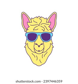 Y2k fashion lama in sunglasses portrait cartoon character groovy icon vector flat illustration. Cute wild animal head in summer eyeglasses comic emoji trendy sticker for t shirt print