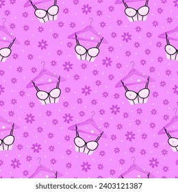 Y2K fashion seamless pattern. Y2K trendy pink pattern with bra and flowers. Pink doll aesthetics. Vector seamless background.