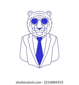 Y2k fashion tiger business man in sunglasses comic pen ink line pop art icon vector flat illustration. Psychedelic wild feline powerful animal surreal businessman portrait in tie suit blue sketch