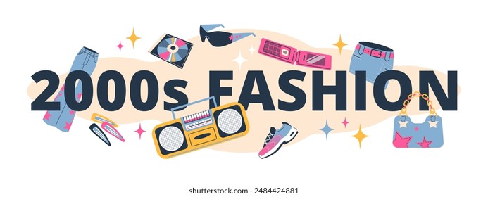 Y2K fashion vector set: flared jeans, mini skirt, CD, hair clips, sneakers, phone, sunglasses. Fashionable design elements of the 2000s on a white background.