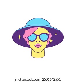 Y2k fashion witch woman in magic hat portrait contemporary pop art icon vector flat illustration. Psychedelic mystic female in sunglasses sorcerer witchcraft character comic vivid color t shirt print