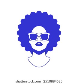 Mujer de moda Y2k con cabello afro en gafas de sol retrato cómico línea azul icono Vector ilustración plana. Avatar de peinado femenino africano de moda arte pop contemporáneo minimal pen ink sketch t shirt print