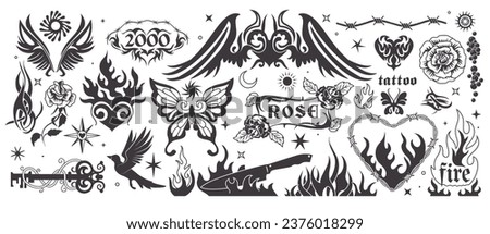 Y2k fire. Flame elements, gothic girly and tribal fonts, angel and heart in 90s style, line tattoo. Black butterfly, bird and knife. Modern retro decorative elements. Vector icons, exact illustration