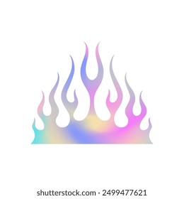 Y2k fire flame metal glamour gradient silhouette icon vector flat illustration. Surreal blaze flammable shape iridescent chrome hologram psychedelic abstract fancy t shirt print