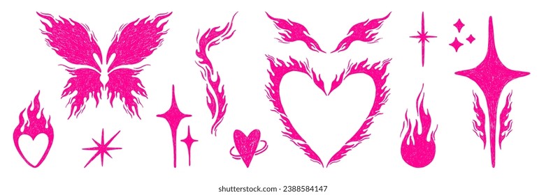 Y2k fire flame stickers set. Butterfly, heart, stars shape drawn with pencil in trendy 90s, 00s aesthetic. Hand drawn pink vector elements with textures.