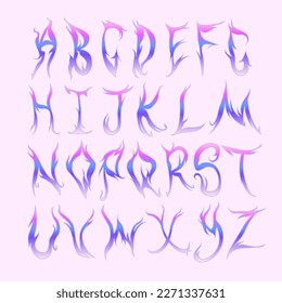 Y2k fire holographic font. Flame holo alphabet vector set Liqud glamour gradient colors 2000s style. Vecto 90s, 00s aesthetic trendy emo goth EPS