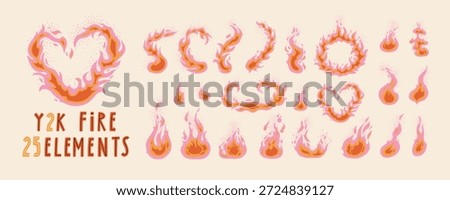 Y2K Fire icon set. Fire flame symbol. Hand drawn Bonfire silhouette logotype. Red hot fire flame heat or spicy food symbol