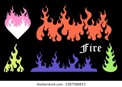 Y2k fire. isolated elements border and frame in 2000s style. Abstract tattoo or stickers. 00s fashion. Postmodern and retro, decorative colorful silhouette, gothic grunge elements. Vector set