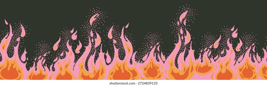 Y2K Feuer nahtlose Grenze. Brandflammensymbol. Handgezeichnete Bonfire Silhouette. Rote heiße Flamme Hitze oder scharfe Lebensmittel-Symbol.