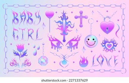 Y2k flame, chain and heart stickers set. Girl pink holographic tattoo, fire, smile, flower, necklace triball glamour 2000s style. Vector icons. 90s, 00s aesthetic trendy emo goth Text love, baby EPS