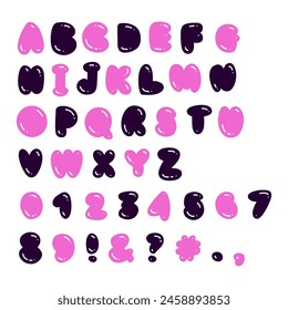 Y2K flat bubble style vector font. Plump rounded English alphabet with numbers in hand drawn 2000s graffiti style. Simple childish isolated letters set.