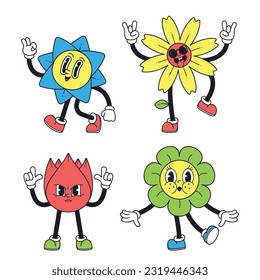 Y2k Flower Characters, Whimsical And Retro-inspired Blossom Personages With Vibrant Colors, Vector Illustration