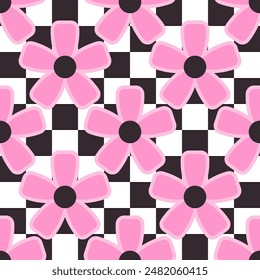 Y2K Blumen kariert nahtlose Muster. Geometrischer floraler mehrfarbiger Retro-Hintergrund.