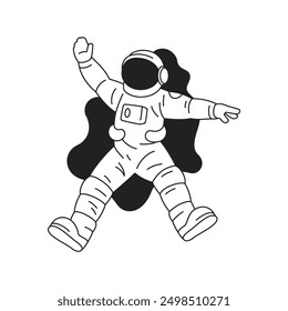 Y2k flying cosmonaut in spacesuit contemporary pop art outline icon vector flat illustration. Astronaut greeting welcome in open space galaxy exploration with abstract paint spot cyber comic tattoo